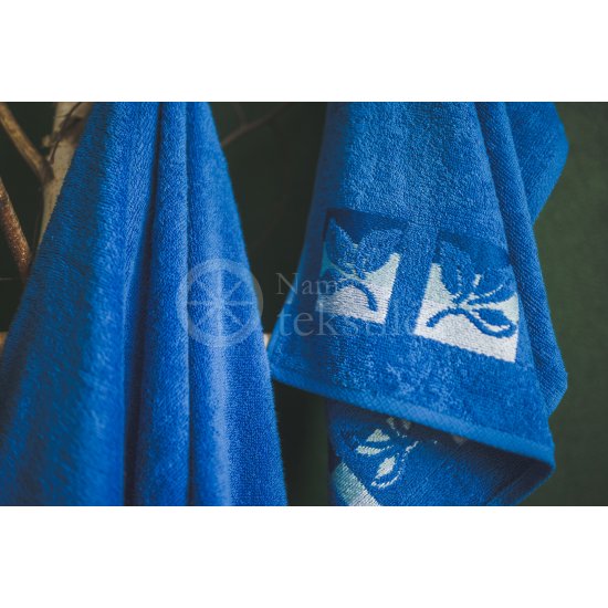 Cotton terry bath towel with leaves "ROYAL BLUE"